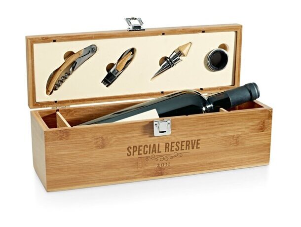 Set Syrah de vino en caja botellero de madera con 4 accesorios natural