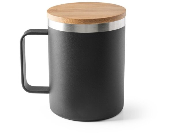 Taza lauda de acero inoxidable reciclado con tapa de bambú 420ml Negro detalle 6