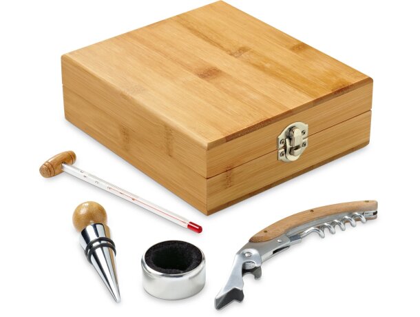 Set de vino con 4 accesorios en estuche de madera personalizado