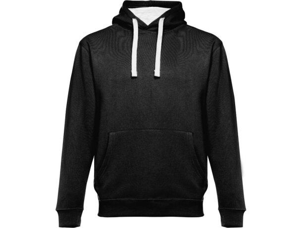 Sudadera Moscow unisex con capucha, bolsillo marsupial y cordones Negro/Blanco detalle 14