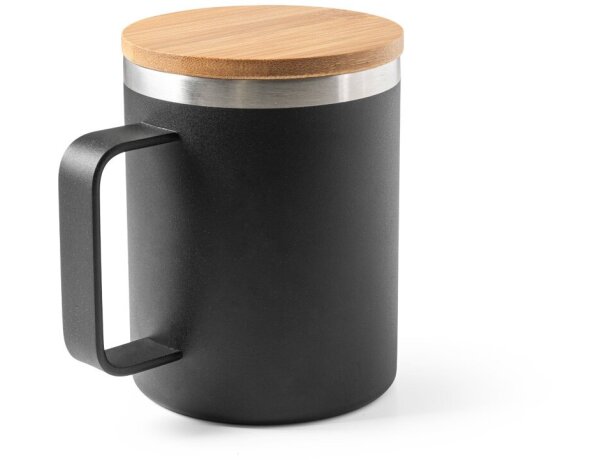 Taza lauda de acero inoxidable reciclado con tapa de bambú 420ml Negro detalle 10