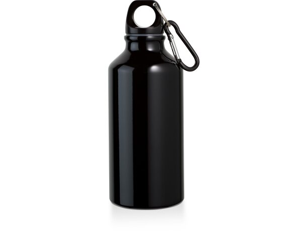 Botella deportiva de aluminio con mosquetón personalizada negra