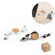 Cable USB retráctil Rubins 5 en 1 con bambú y conectores múltiples