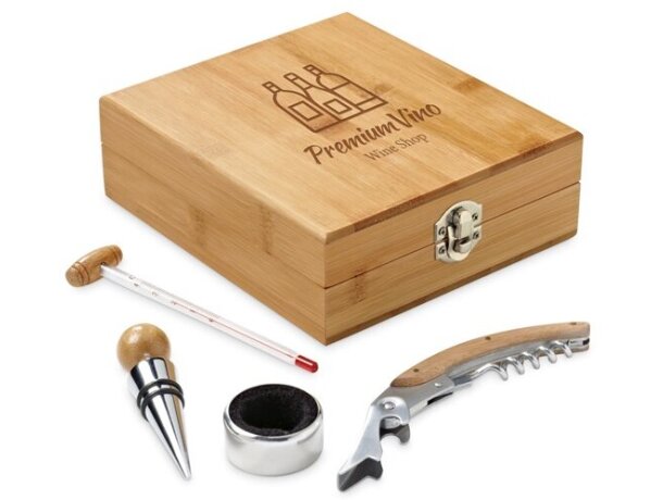 Set Cabernet de vino con 4 accesorios en estuche de madera personalizado natural