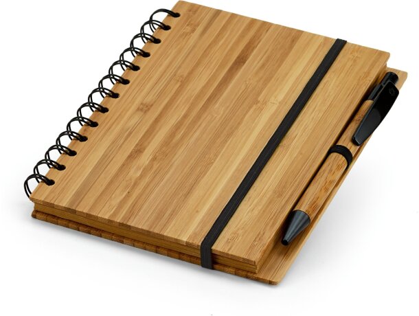 Libreta con tapas y bolígrafo de bambú grabada natural