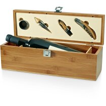 Set de vino en caja botellero de madera con 4 accesorios barato