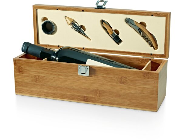 Set de vino en caja botellero de madera con 4 accesorios barato
