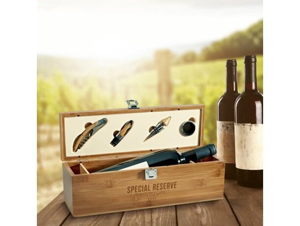 Set de vino en caja botellero de madera con 4 accesorios barato
