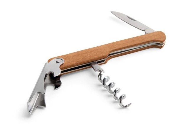 Sacacorchos Carin madera natural abrebotellas navaja incluida detalle 1