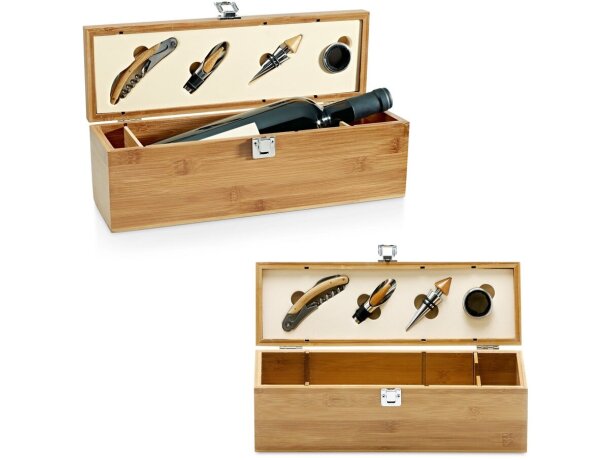 Set Syrah de vino en caja botellero de madera con 4 accesorios detalle 1