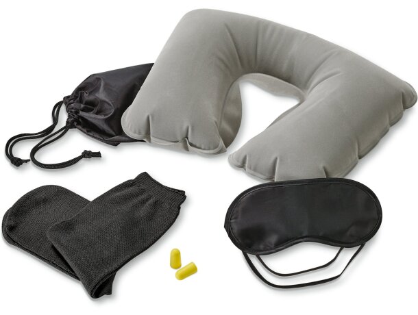 Set de viaje con almohada, antifaz, tapones y calcetines negro personalizado
