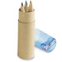 Caja con sacapuntas y 6 lápices azul personalizado