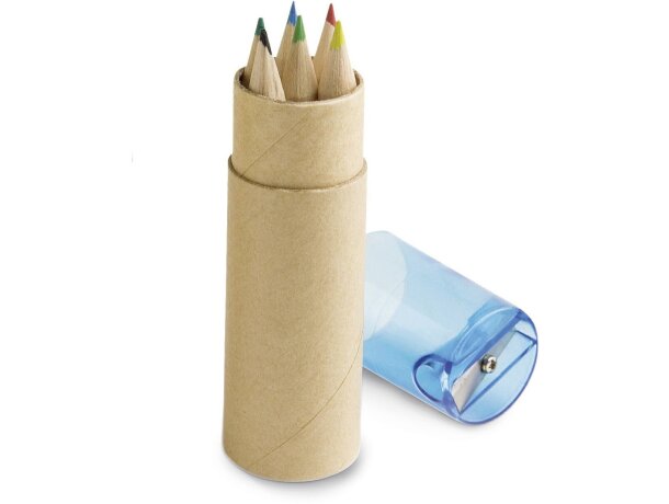 Caja Rols con sacapuntas y 6 lápices personalizado azul
