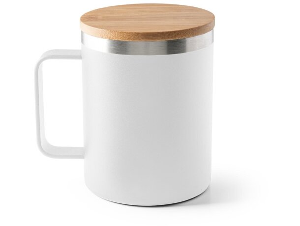 Taza lauda de acero inoxidable reciclado con tapa de bambú 420ml Blanco detalle 4