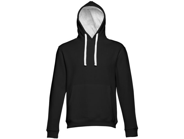 Sudadera Moscow unisex con capucha, bolsillo marsupial y cordones Negro/Gris claro matizado detalle 13