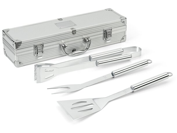 Set de barbacoa con estuche personalizado cromado satinado Set de barbacoa con estuche personalizado cromado satinado