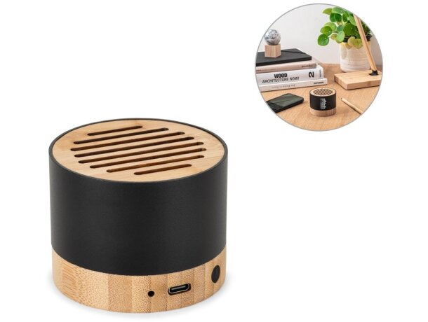 Altavoz portátil Ferdinand de aluminio reciclado y bambú detalle 1
