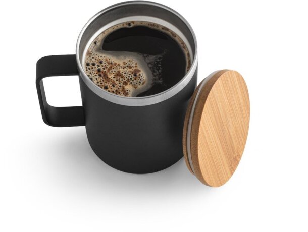 Taza lauda de acero inoxidable reciclado con tapa de bambú 420ml Negro detalle 10