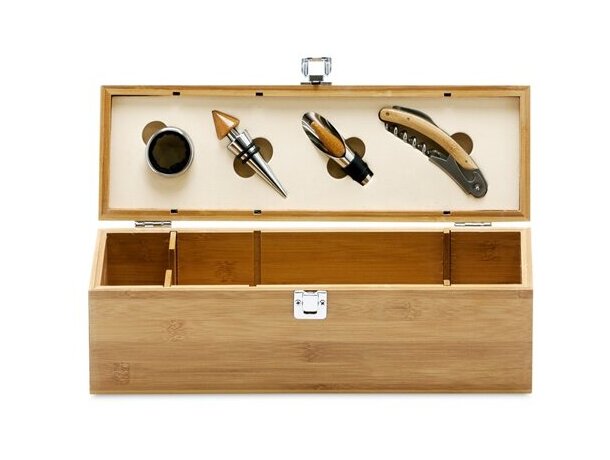 Set Syrah de vino en caja botellero de madera con 4 accesorios natural