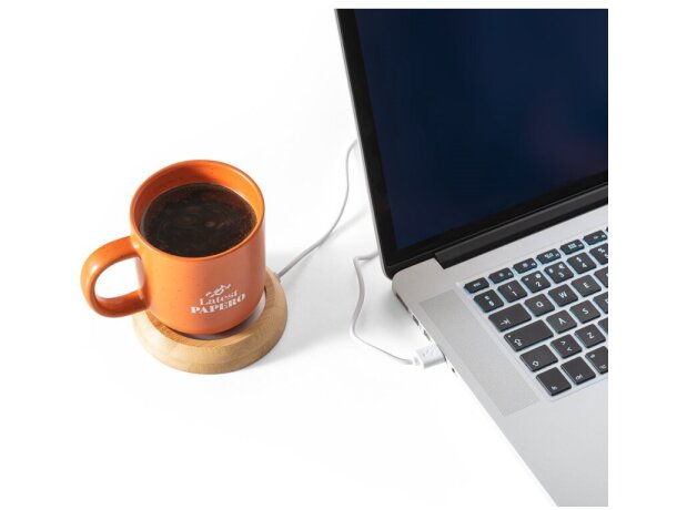 Calientatazas Gates de bambú con base USB y superficie metálica Natural detalle 5