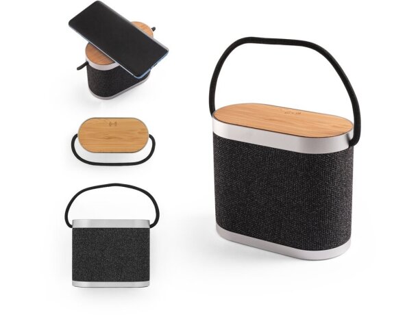 Altavoz Guetta 5w bluetooth con carga inalámbrica en bambú y rpet detalle 1