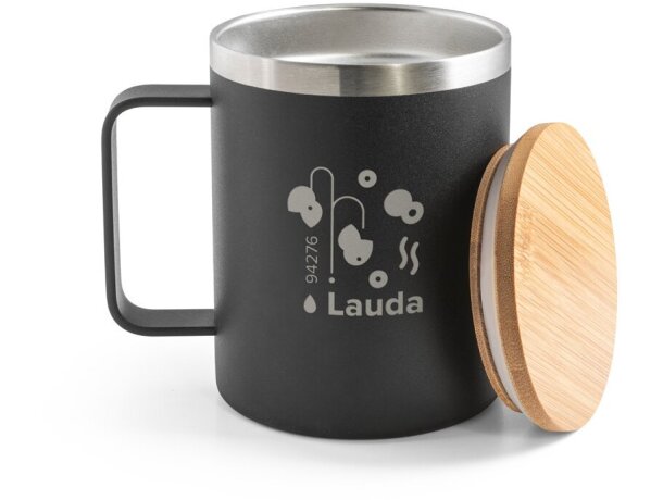 Taza lauda de acero inoxidable reciclado con tapa de bambú 420ml Negro detalle 8