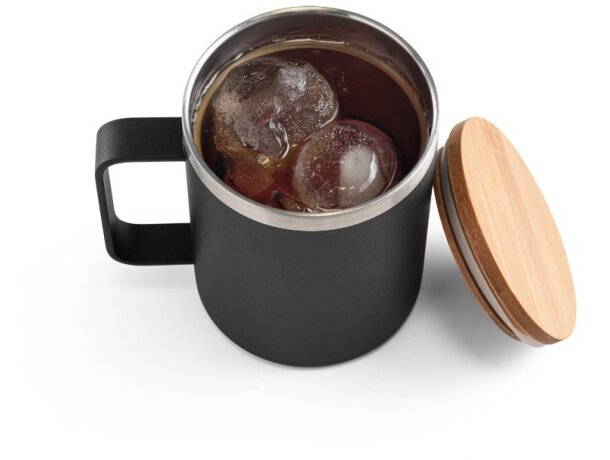 Taza lauda de acero inoxidable reciclado con tapa de bambú 420ml Negro detalle 9