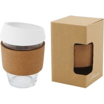 Vaso de vidrio borosilicato de 360 ml con agarre de corcho y tapa de silicona Lidan