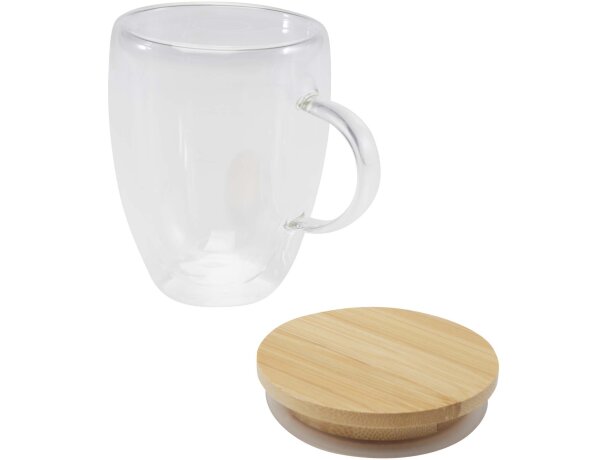 Taza de vidrio con doble pared y tapa de bambú certificado Leona Transparente claro detalle 4