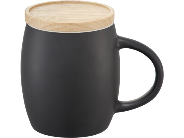 Taza de cerámica de 400 ml con base de madera Hearth Negro intenso/blanco detalle 10