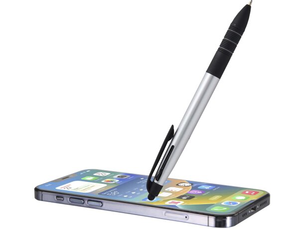 Bolígrafo reciclado RCS Trine 3 tintas con stylus táctil Plateado/negro intenso detalle 3