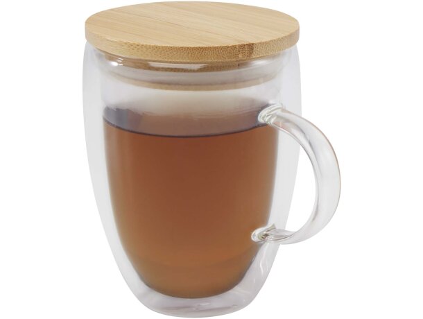Taza de vidrio con doble pared y tapa de bambú certificado Leona Transparente claro detalle 4