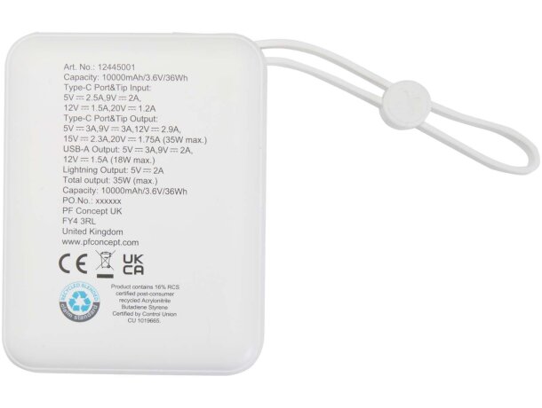 Batería externa Acrux 10000 mAh con cables integrados Blanco detalle 2