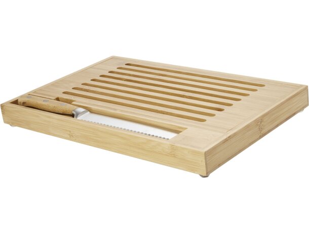 Tabla de cortar bambú con cuchillo pan Pao y bandeja migas Natural/plateado detalle 5