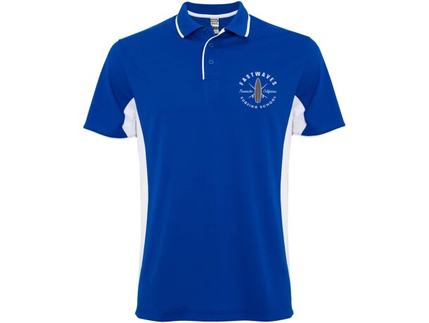 Polo deportivo unisex manga corta Roly Montmelo transpirable Azul real/blanco detalle 5