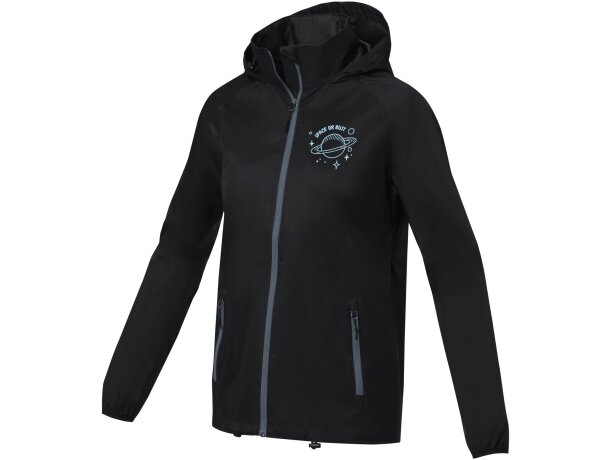 Chaqueta ligera impermeable mujer Dinlas con capucha enrollable Negro intenso detalle 19