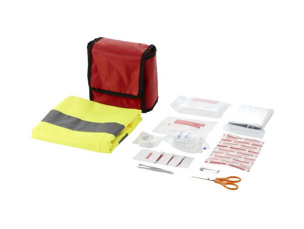 Botiquín de primeros auxilios con 18 piezas y chaleco reflectante personalizado rojo Botiquín de primeros auxilios con 18 piezas y chaleco reflectante personalizado rojo