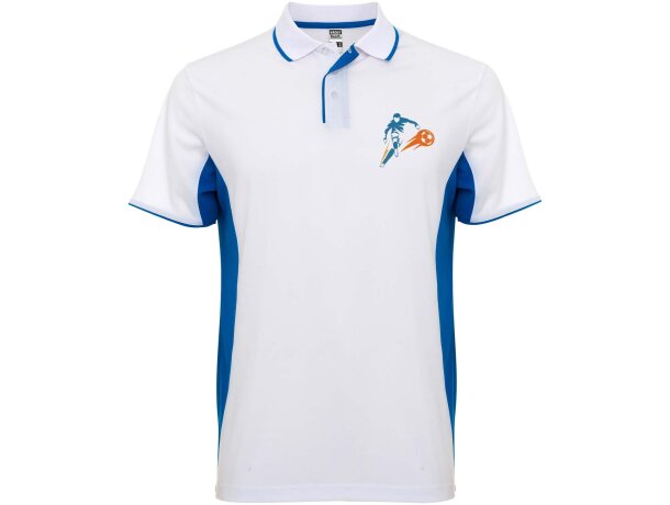 Polo deportivo unisex manga corta Roly Montmelo transpirable Blanco/azul real detalle 21