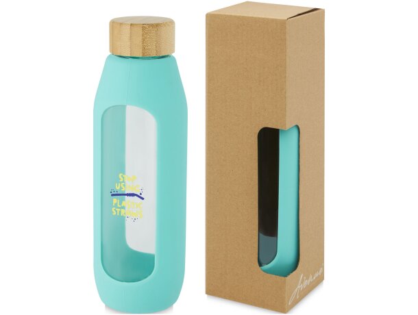 Botella de vidrio borosilicato de 600 ml con agarre de silicona Tidan personalizada