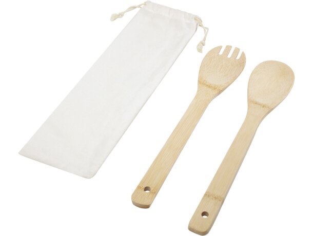 Cuchara y tenedor de bambú para ensalada Endiv Natural detalle 4