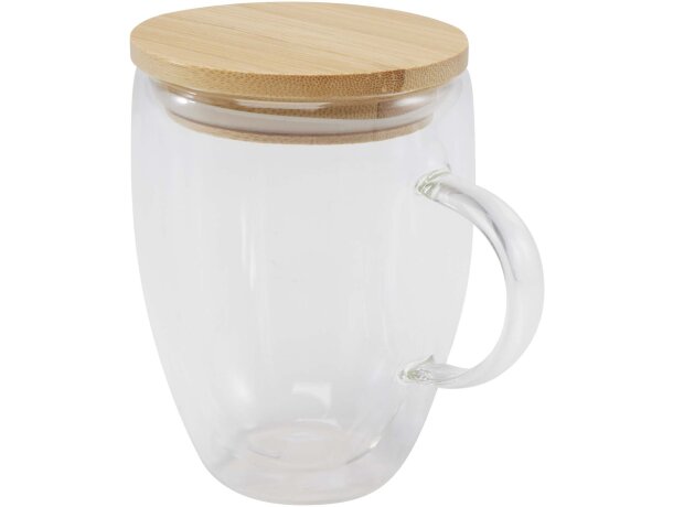 Taza de vidrio con doble pared y tapa de bambú certificado Leona Transparente claro detalle 3
