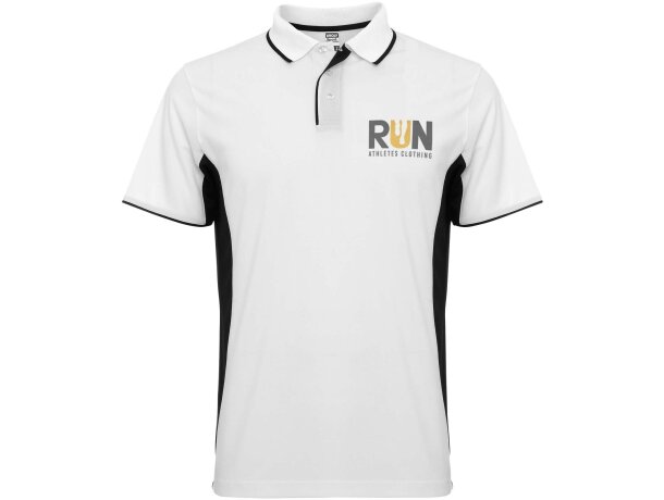 Polo deportivo unisex manga corta Roly Montmelo transpirable Blanco/negro intenso detalle 17