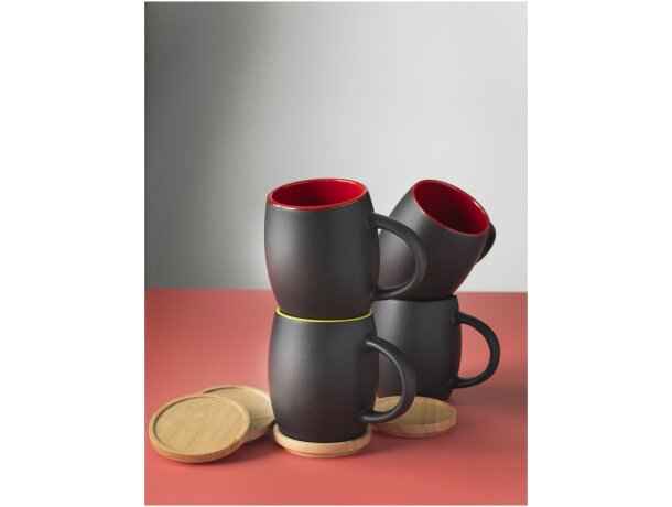 Taza de cerámica de 400 ml con base de madera Hearth Negro intenso/blanco detalle 12