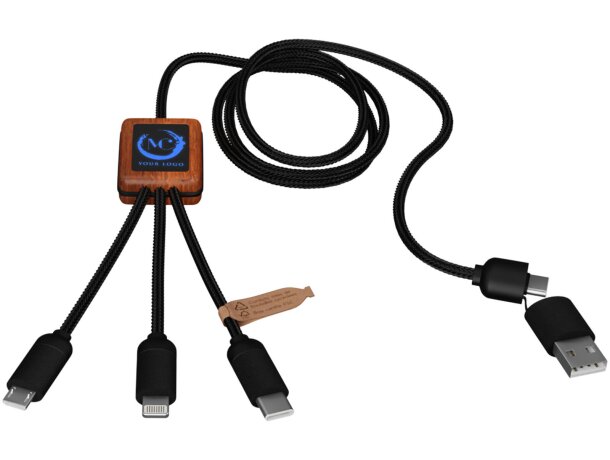 Cable de carga 5 en 1 de PET reciclado SCX.design C38 Azul/madera detalle 1