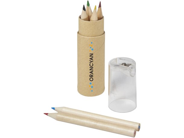 Cajita cilíndrica de cartón con lápices de colores con logo
