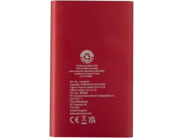 Batería externa Pep 4000 mAh aluminio reciclado certificado RCS Rojo detalle 10