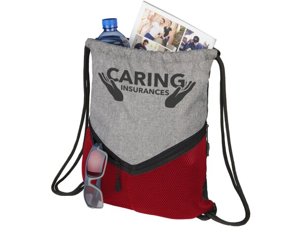 Mochilas de cuerdas personalizadas baratas con dos bolsillos poliéster 600D Rojo/gris detalle 5