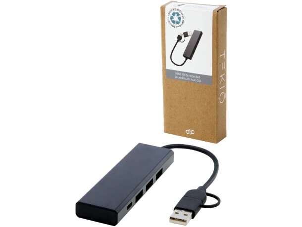 Hub USB 2.0 Rise de aluminio reciclado con 4 puertos y tipo C Negro intenso detalle 6