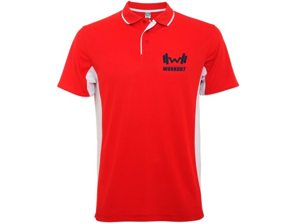 Polo deportivo unisex manga corta Roly Montmelo transpirable Rojo/blanco detalle 13