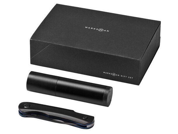 Set de regalo con navaja y linterna grabada negro intenso Set de regalo con navaja y linterna grabada negro intenso